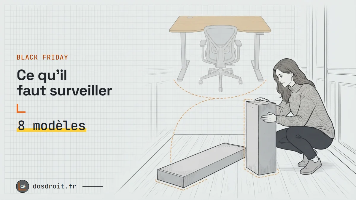 Dessin technique : une femme qui compare deux colis dans son entrée, avec en transparence le bureau et la chaise qu'ils contiennent