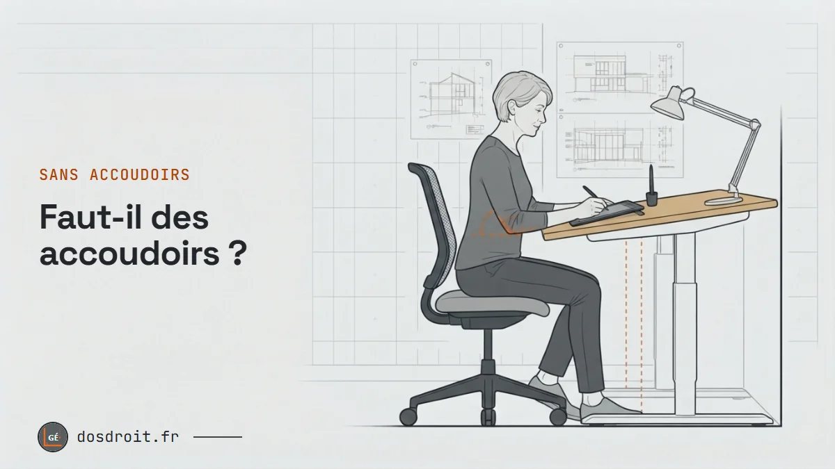 Croquis d'un atelier d'architecte : une graphiste sur une chaise sans accoudoirs, avant-bras posés sur la table à dessin