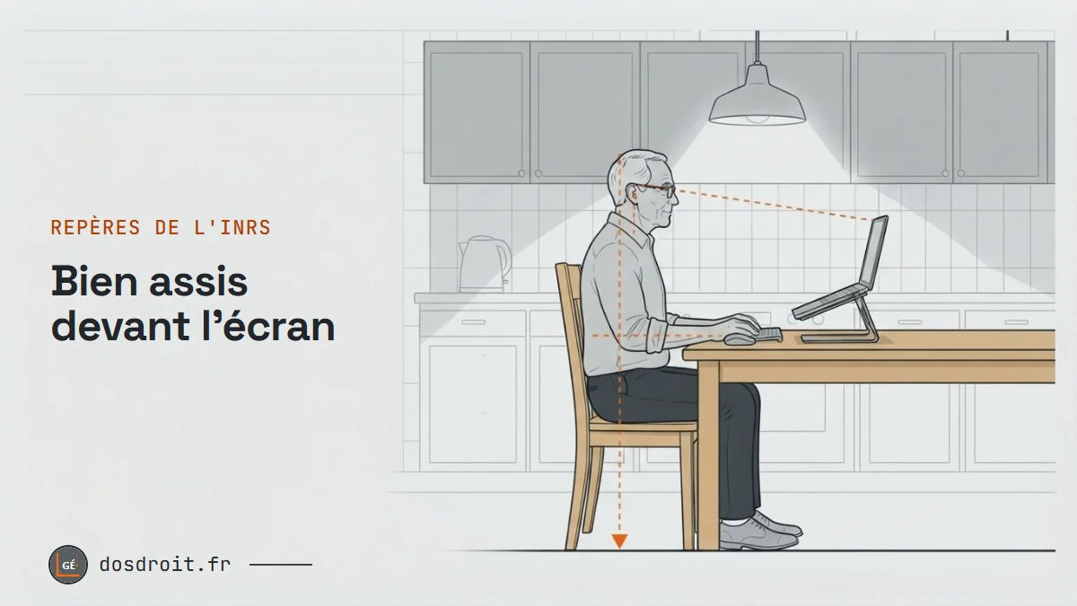 Croquis d'un homme travaillant le soir sur la table de cuisine, ordinateur surélevé, lignes de posture en orange
